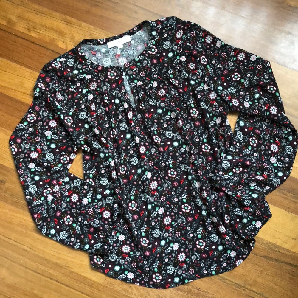 LOFT Ruffle Front Floral Mixed Media Blouse
